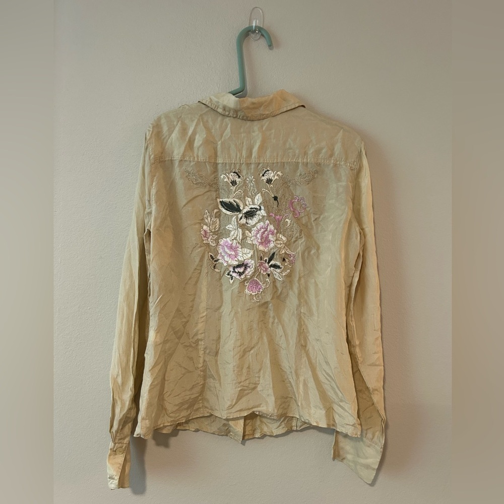 Vintage Express Design Studio Silk Floral Embroidered Button Down Blouse - S